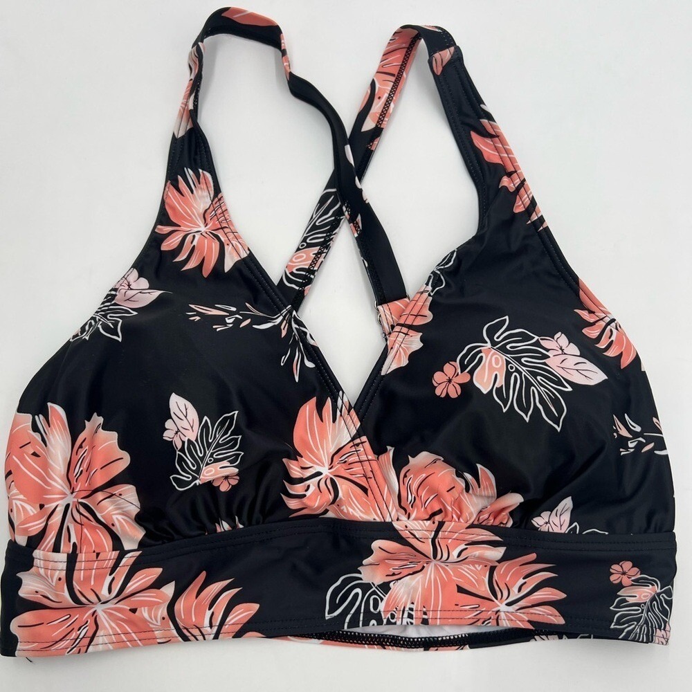 Aqua Eve Womens Tropical Floral Bikini Top Black Coral Adjustable Straps NEW
